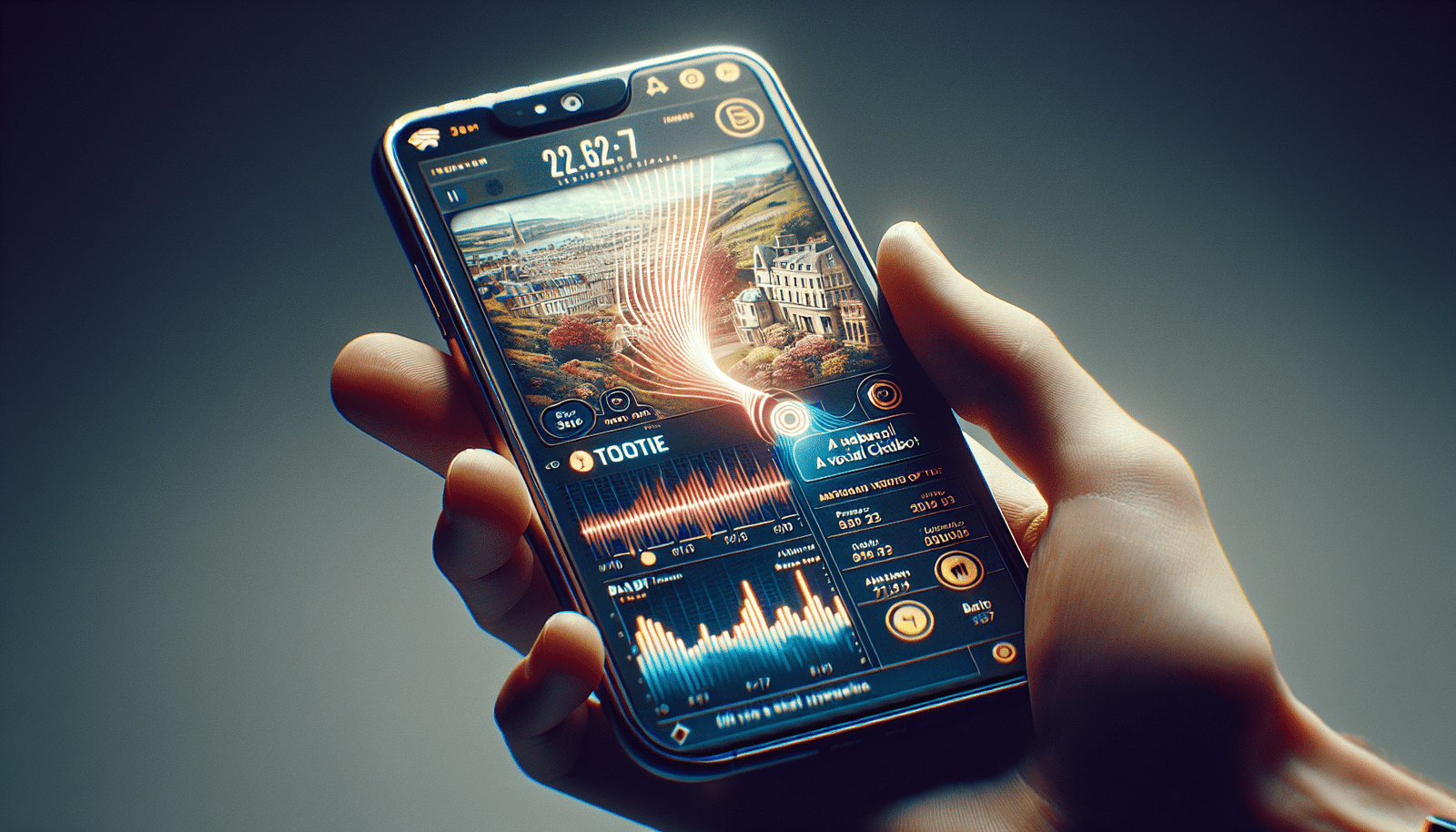 Une main tenant un smartphone affichant l'application "Tootie" avec une carte stylisée de Paris, Londres, Bath et Bruxelles. L'interface est moderne et un chatbot vocal est représenté par des ondes sonores sortant de l'écran. Ambiance lumineuse et conviviale, évoquant le voyage et la découverte.