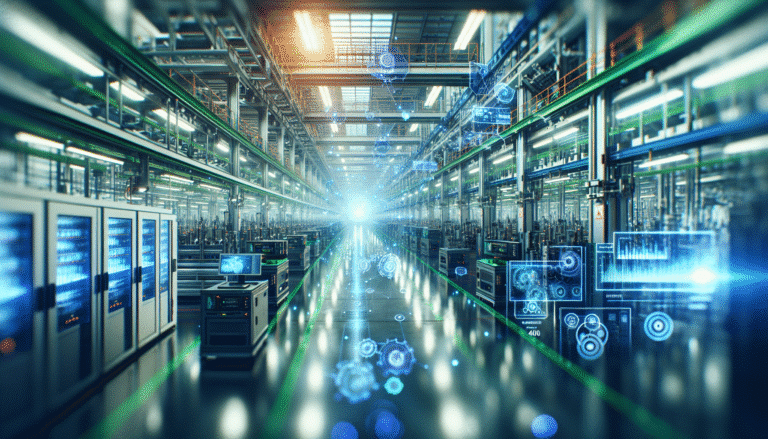 Detailed illustration of an industrial digital twin displaying real-time data flow and predictive analytics, overlaid with holographic elements representing AI processing. Focus on a complex factory floor, showing machinery and a digital overlay of its twin, highlighting efficiency and anomaly detection. Style: Futuristic, data-driven, vibrant blue and green light.