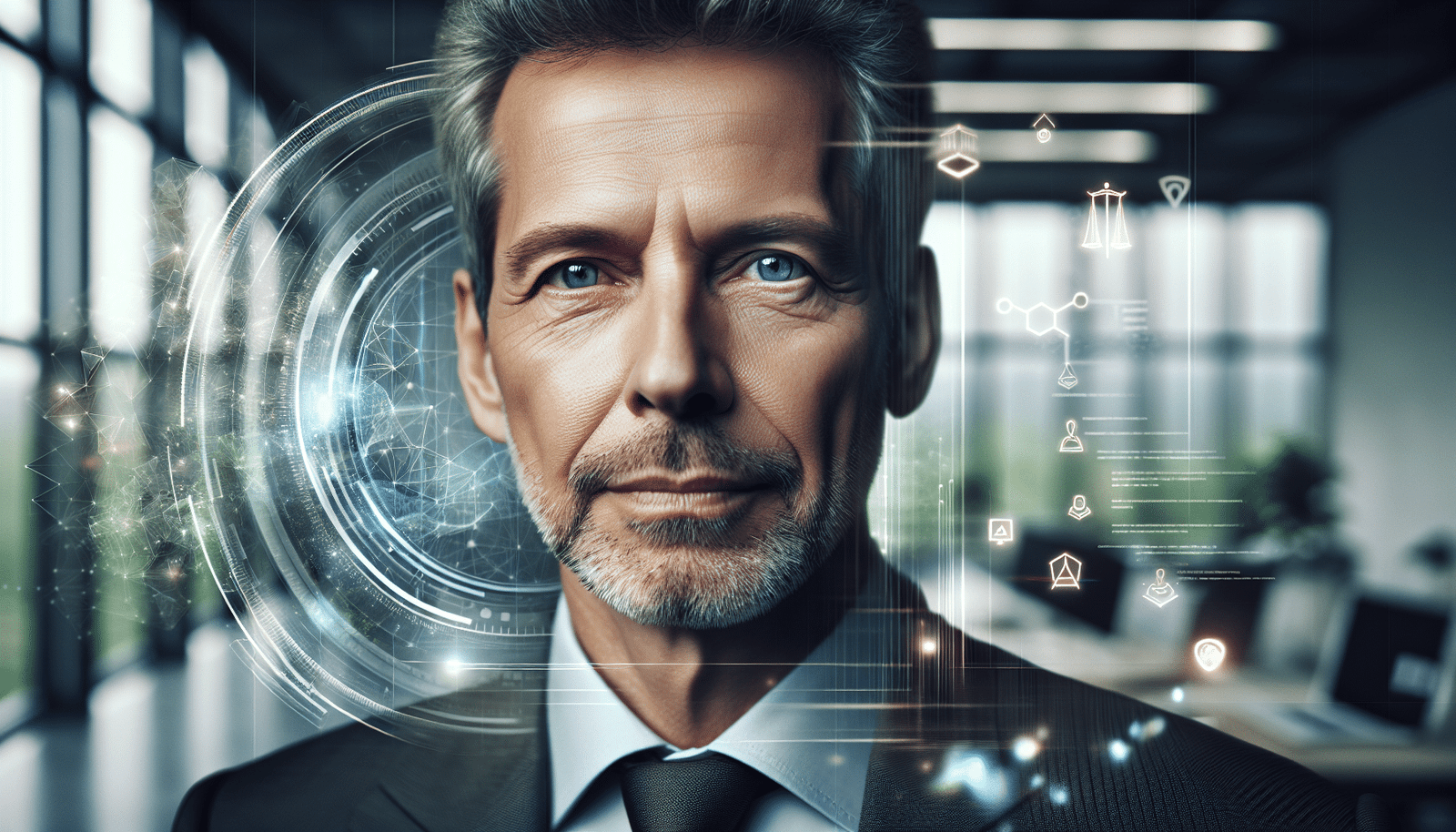 Un portrait conceptuel de Joel Kaplan, le Chief Global Affairs Officer de Meta, son visage réfléchi et déterminé, entouré d'une interface utilisateur complexe et de symboles juridiques numériques flottants, le tout dans un décor futuriste de bureau où les données circulent comme des rivières de lumière. L'ambiance est sérieuse et stratégique.