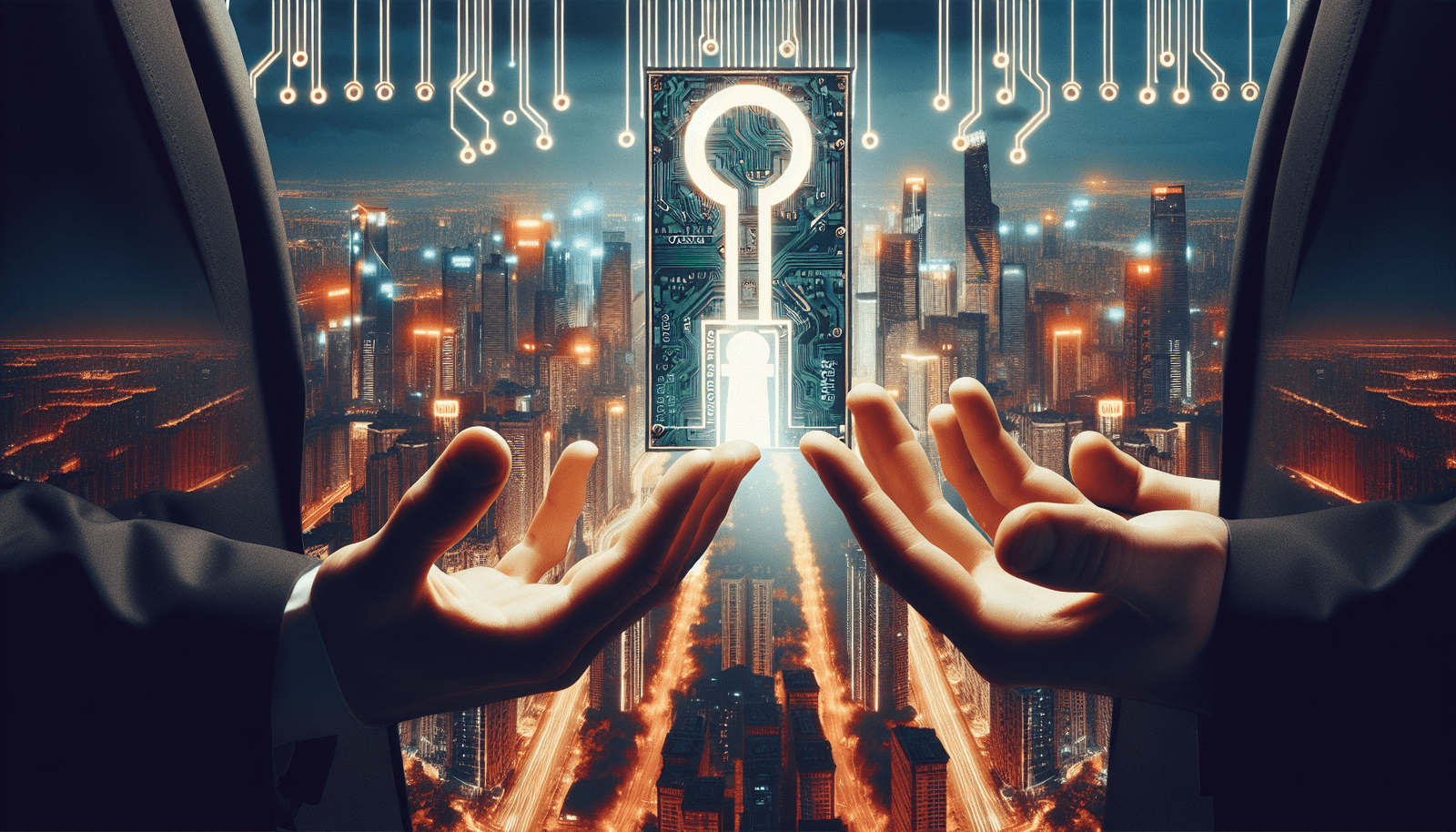Deux mains, l'une tenant une clé stylisée "Open Source" et l'autre une porte de code binaire ouverte, avec un fond de skyline chinois moderne et des circuits imprimés lumineux, symbolisant l'innovation et l'accessibilité.