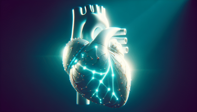 Une image futuriste et apaisante d'un cœur humain stylisé avec des réseaux neuronaux d'IA lumineux le traversant, symbolisant l'analyse et la protection. Couleurs dominantes : bleu, vert, blanc. Style : technologie de pointe, médical, épuré, positif.