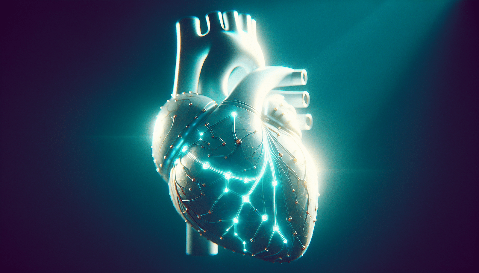 Une image futuriste et apaisante d'un cœur humain stylisé avec des réseaux neuronaux d'IA lumineux le traversant, symbolisant l'analyse et la protection. Couleurs dominantes : bleu, vert, blanc. Style : technologie de pointe, médical, épuré, positif.