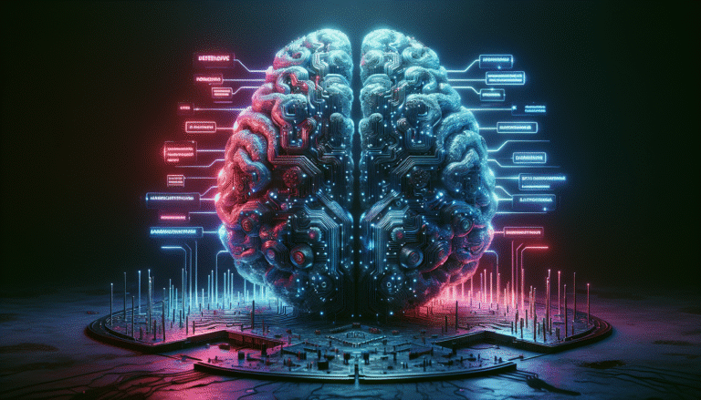 Cyberpunk-style digital art showing a glowing brain made of circuitry, with one half representing defensive firewalls and shields, and the other half depicting malicious code and ransomware symbols, all against a dark, futuristic background. High contrast, neon colors.