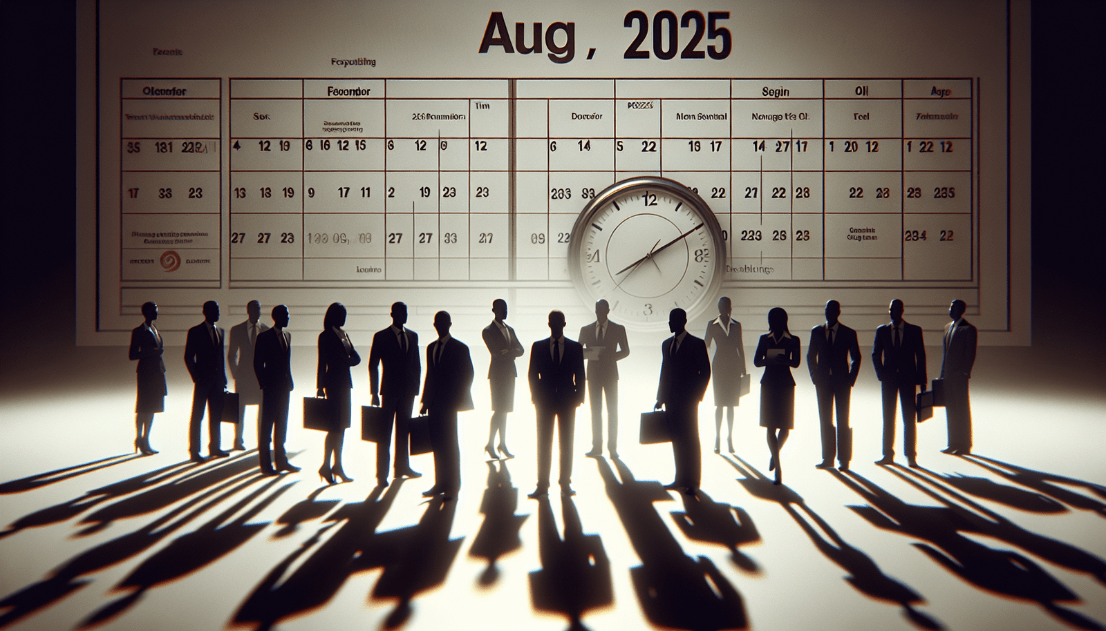 Un groupe de dirigeants d'entreprises européennes emblématiques (représentés par des silhouettes professionnelles et des logos subtils comme Bosch, Siemens, SAP, Airbus, BNP) se tenant devant un calendrier géant où la date du 2 août 2025 est encerclée, avec une horloge qui semble ralentir ou s'arrêter. L'ambiance est sérieuse, la lumière est douce, soulignant la gravité de leur demande collective.