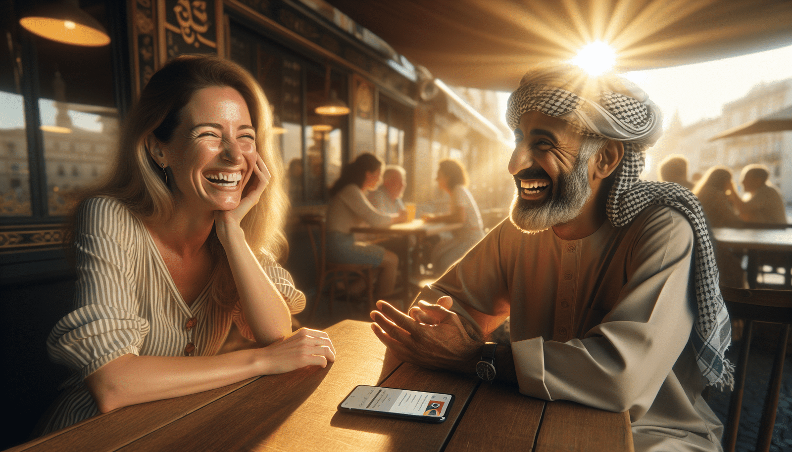 Deux personnes souriantes de cultures différentes, s'engageant dans une conversation animée et naturelle dans un café animé à l'étranger, avec en arrière-plan un smartphone ouvert sur une application d'apprentissage des langues, montrant la complémentarité entre la technologie et l'interaction humaine authentique. Lumière douce et naturelle, ambiance chaleureuse et joyeuse.