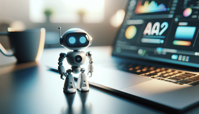 A futuristic, sleek, compact robot named Reachy Mini, 27.9cm tall, standing on a modern desk next to a laptop. Its animated antennas show curiosity and friendliness. The setting is clean and brightly lit, emphasizing innovation and accessibility. Digital UI elements subtly floating around it, representing AI interactions. High detail, robotic art, tech showcase, vibrant colors.