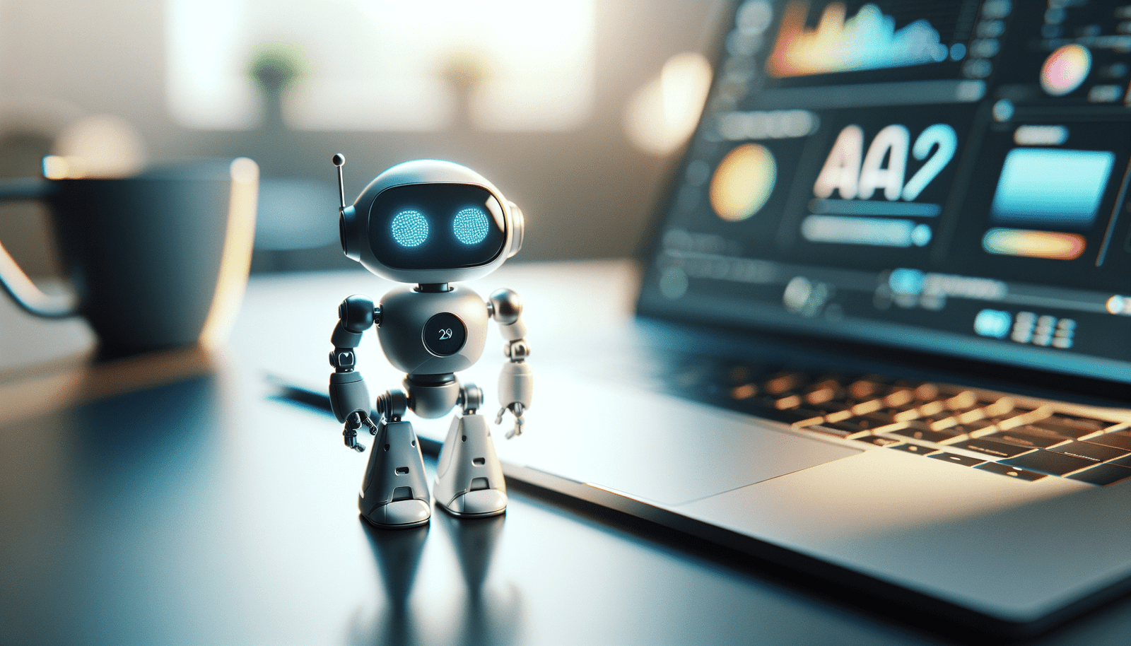 A futuristic, sleek, compact robot named Reachy Mini, 27.9cm tall, standing on a modern desk next to a laptop. Its animated antennas show curiosity and friendliness. The setting is clean and brightly lit, emphasizing innovation and accessibility. Digital UI elements subtly floating around it, representing AI interactions. High detail, robotic art, tech showcase, vibrant colors.