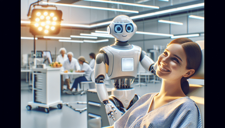 Une image conceptuelle d'un robot thérapeute bienveillant avec un patient humain souriant, dans un cadre moderne et lumineux, symbolisant la confiance et l'innovation, sans élément de tromperie.