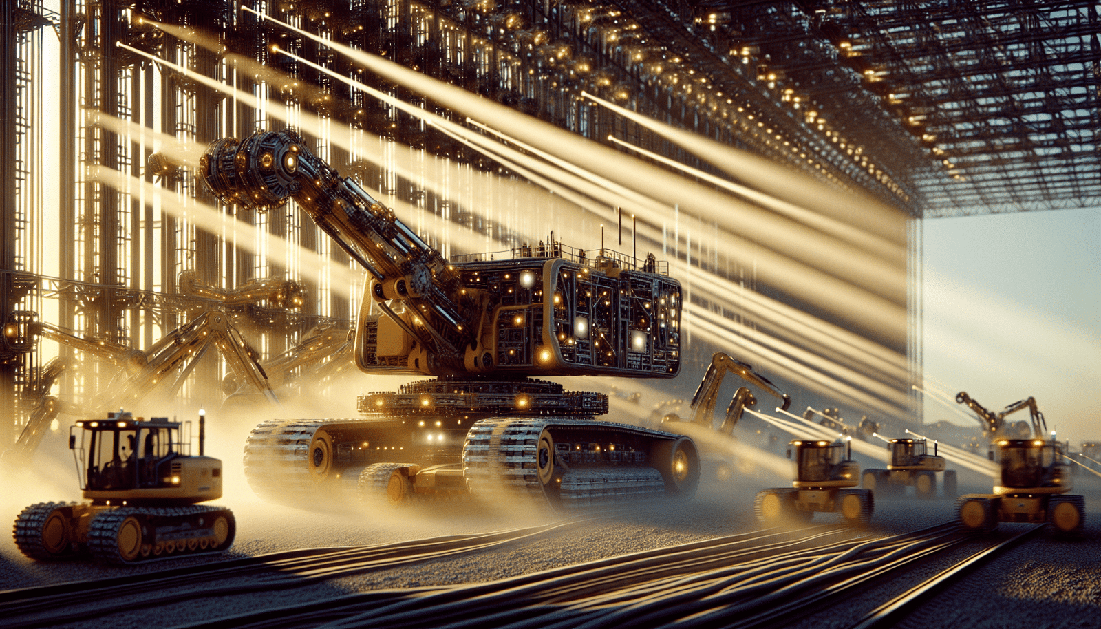 Une scène de chantier futuriste au lever du soleil, où des excavateurs massifs, sans conducteurs apparents, travaillent de manière autonome et coordonnée, avec des capteurs LiDAR émettant des faisceaux lumineux subtils. L'esthétique est à la fois industrielle et technologiquement avancée, mettant en valeur l'intégration de l'IA dans un environnement robuste.