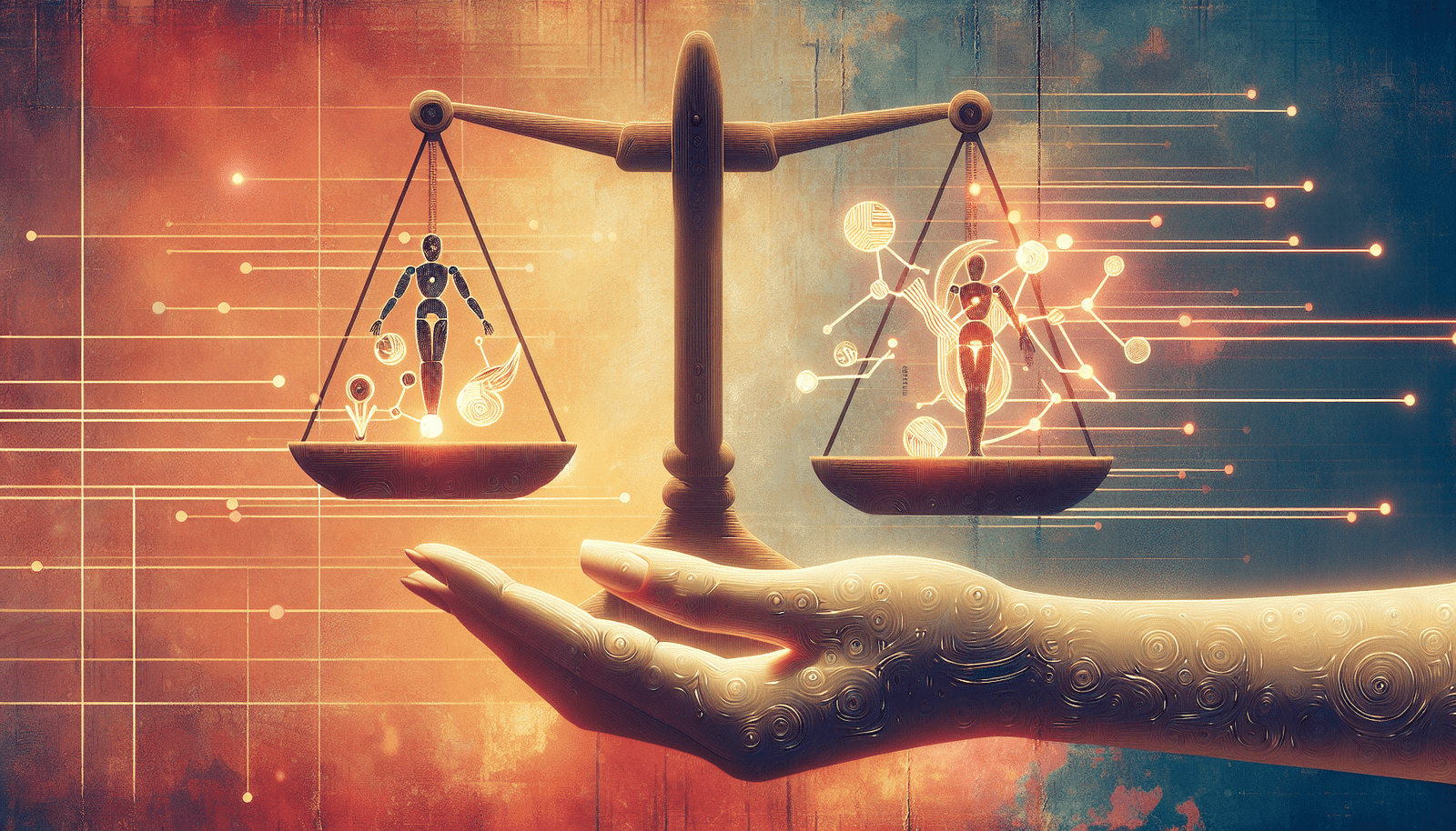 Une illustration abstraite montrant des mains humaines et des symboles IA s'équilibrant sur une balance stylisée, symbolisant le défi de l'équilibre entre l'innovation technologique et le bien-être humain. Couleurs harmonieuses et futuristes, atmosphère de collaboration.