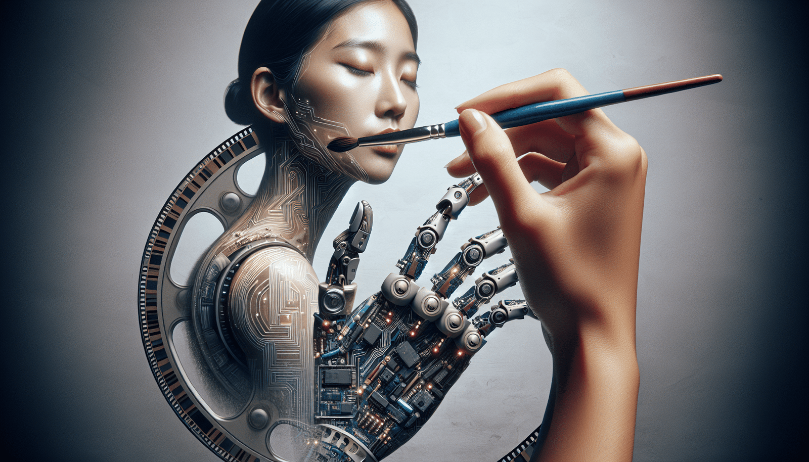 Une main humaine tenant un pinceau et une main robotique tenant un circuit imprimé, se rencontrant au-dessus d'une bobine de film stylisée, symbolisant la collaboration harmonieuse entre l'art et l'IA dans le cinéma. Lumière douce, couleurs harmonieuses, ambiance réflexive. Style conceptuel, double exposition.