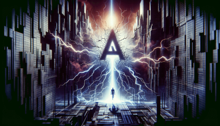 Illustration conceptuelle d'un séisme digital avec des fissures se propageant depuis un logo stylisé d'OpenAI, entouré d'éclairs et de lignes de code, dans un style futuriste et dramatique, avec une silhouette abstraite de leader au centre.