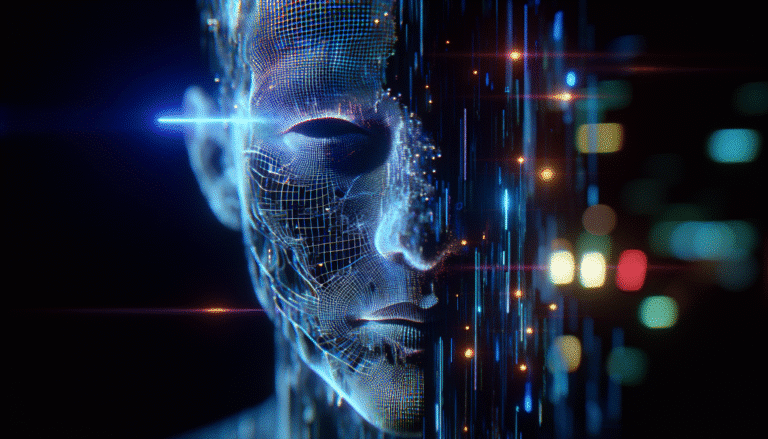 Un visage humain fragmenté en pixels et des lignes de code lumineux s'entrelacent, symbolisant la déformation numérique de l'identité par l'IA. Couleurs sombres avec des éclairs de néon bleu et violet, style cyber-punk.