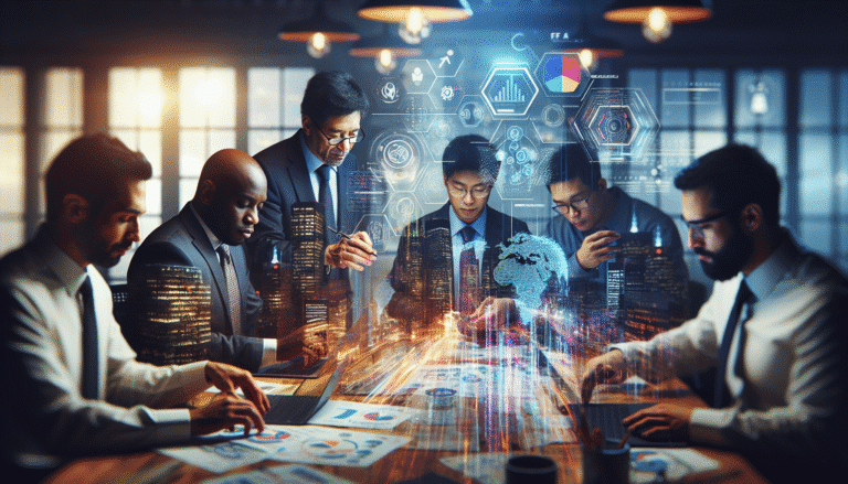 Une image dynamique et inspirante montrant des professionnels diversifiés (techniciens, managers, créateurs) interagissant avec des écrans holographiques affichant des visualisations de données complexes et des algorithmes. Un léger flou artistique met en valeur des éléments culturels québécois en arrière-plan, symbolisant l'innovation locale. Couleurs vives et futuristes.