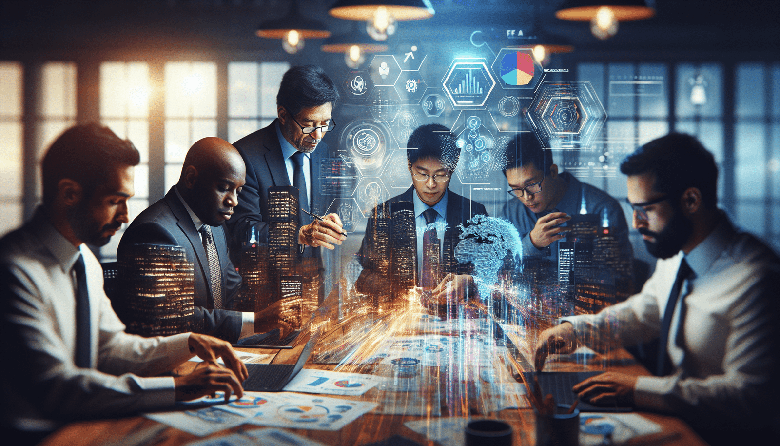 Une image dynamique et inspirante montrant des professionnels diversifiés (techniciens, managers, créateurs) interagissant avec des écrans holographiques affichant des visualisations de données complexes et des algorithmes. Un léger flou artistique met en valeur des éléments culturels québécois en arrière-plan, symbolisant l'innovation locale. Couleurs vives et futuristes.