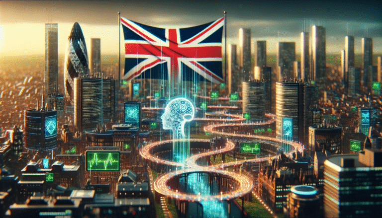 Une illustration futuriste montrant les drapeaux du Royaume-Uni et le logo d'OpenAI se fusionnant dynamiquement au-dessus d'un paysage urbain lumineux rempli de technologies IA, avec des lignes de données se connectant aux hôpitaux et aux écoles. Style numérique et optimiste, couleurs vives, ambiance de progrès technologique.