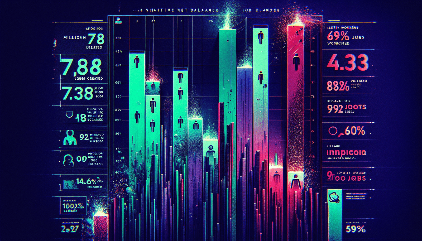 Une infographie stylisée et dramatique montrant deux barres verticales. La première, en vert émeraude, est plus courte et représente 78 millions d'emplois créés, avec des icônes de personnes souriantes et des étincelles. La seconde, en rouge carmin, est plus haute et représente 92 millions d'emplois supprimés, avec des icônes de personnes s'évaporant ou des symboles d'emplois vides. Un grand panneau au centre indique "Solde Net Négatif" et un autre "60% des travailleurs impactés". Le fond est un dégradé du bleu nuit au violet, avec un effet de données binaires.
