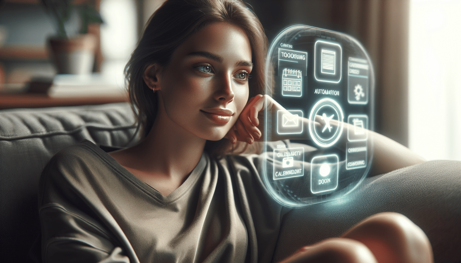 Scène dynamique où un utilisateur détendu sur un canapé observe des tâches complexes se dérouler automatiquement sur un écran holographique flottant, comme la réservation d'un voyage, la gestion de calendrier et l'achat en ligne. Interface utilisateur futuriste, symboles d'automatisation.