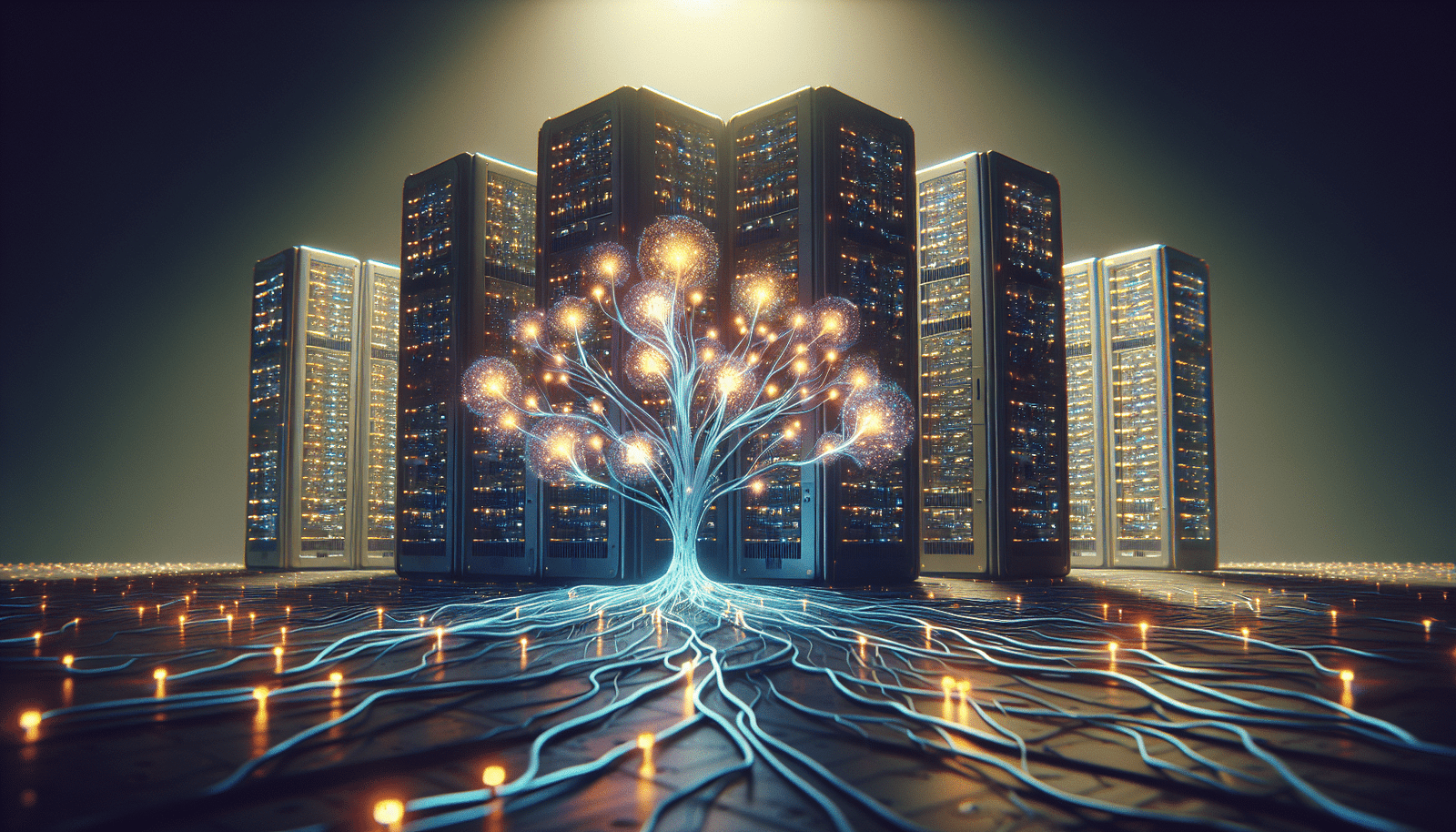 Abstract representation of massive data centers and glowing neural networks, with digital lines connecting them to a growing tree of knowledge, symbolizing Meta's $29 billion investment in AI infrastructure and talent. Futuristic, high-tech aesthetic.