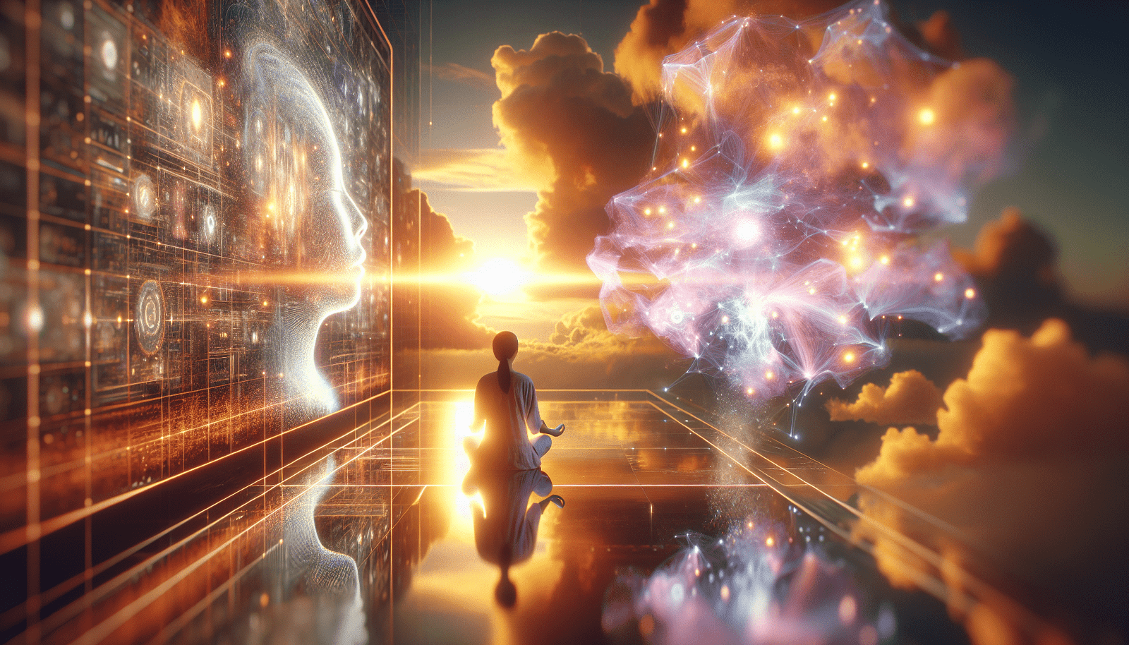 Une scène onirique et futuriste représentant une personne interagissant avec un faisceau lumineux coloré émanant d'un écran, symbolisant la connexion émotionnelle avec une IA. Des éléments abstraits de données et de réseaux neuronaux flottent autour, soulignant la technologie sous-jacente. Lumière douce, ambiance sereine et introspective.