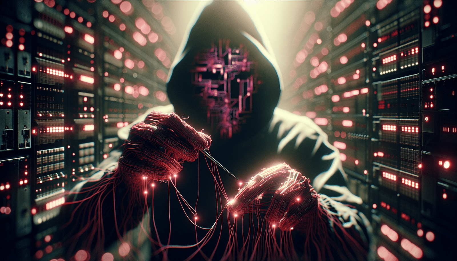 A dark, ominous digital hand weaving lines of code, creating complex and evolving malware. The scene has a shadowy, clandestine feel, with glowing red and purple circuits representing the malicious AI at work. Focus on the sinister creativity.