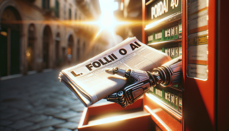 Une main robotique stylisée tenant un exemplaire du journal "Il Foglio AI" fraîchement imprimé, avec un design futuriste et des titres accrocheurs, dans l'ambiance chaleureuse et lumineuse d'un kiosque à journaux italien traditionnel. Lumière du matin, style réaliste avec une touche de surréalisme technologique.