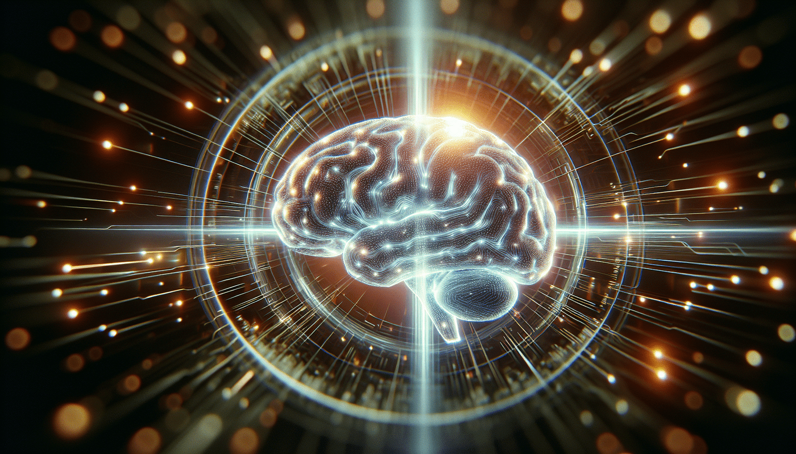 An abstract representation of artificial intelligence actively protecting a digital network. A glowing, holographic brain or a complex neural network is visually scanning and filtering streams of data and lines of code, surrounded by a subtle, protective digital force field. Emphasize complex algorithms, proactive defense, and futuristic technology.