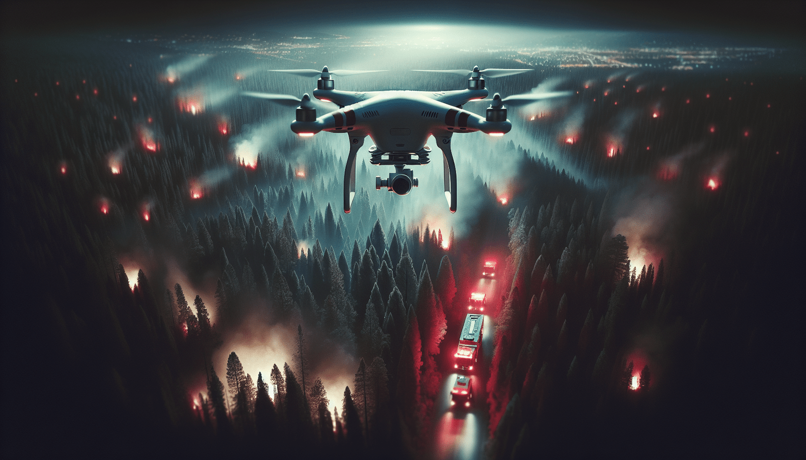 Un drone équipé de caméras thermiques survolant une forêt sombre la nuit, des points chauds lumineux indiquant des départs de feu, avec des camions de pompiers au sol en arrière-plan réagissant rapidement. Ambiance de nuit, urgence contrôlée, lumière rouge des feux de forêt.
