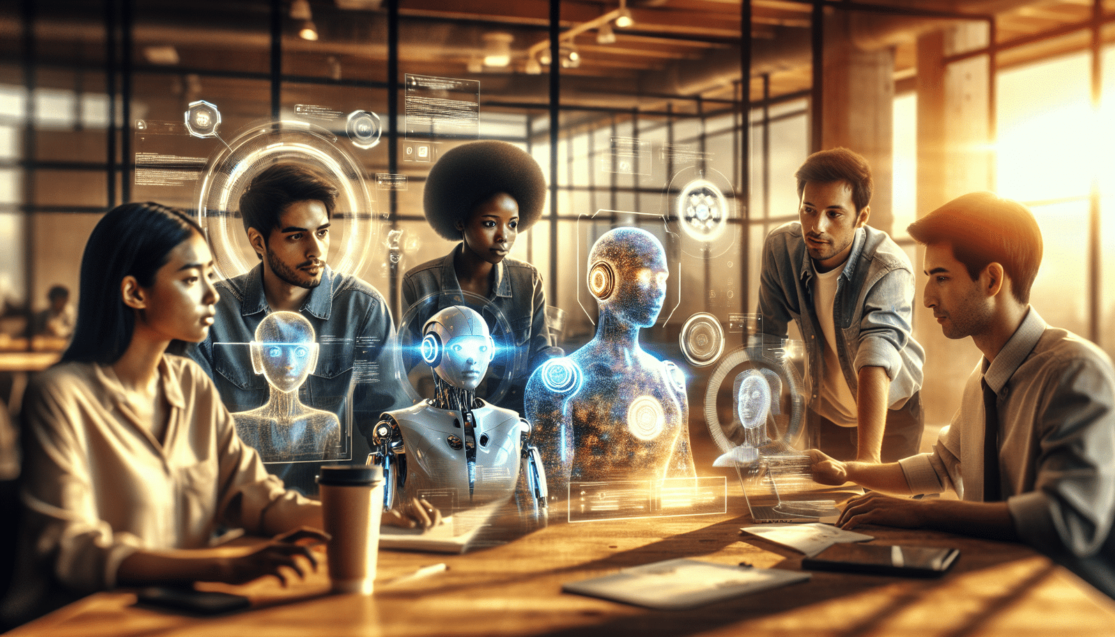 A diverse group of professionals (developer, writer, scientist, customer support representative, designer) interacting seamlessly with holographic AI interfaces and intelligent robotic assistants in a modern, collaborative office space. The scene should exude productivity, innovation, and human-AI synergy, with a warm, optimistic lighting.