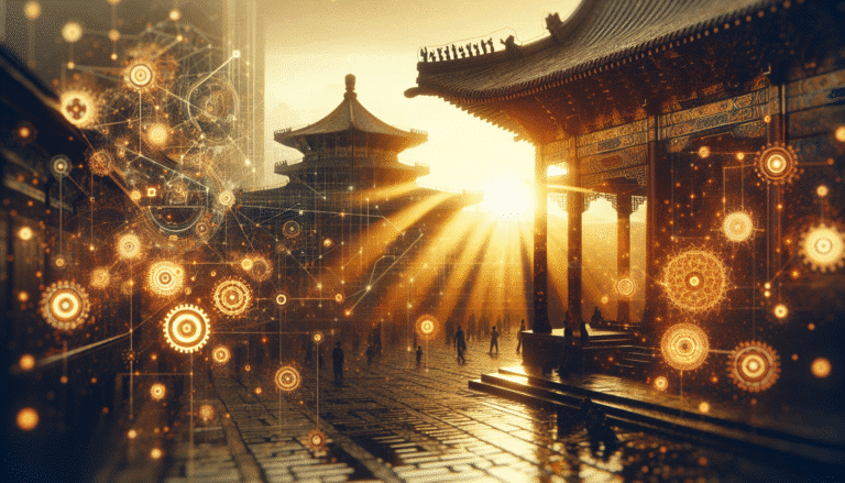 A stylized image of digital gears and neural networks merging with traditional Chinese architecture, symbolizing the fusion of advanced AI and cultural heritage, with a subtle glow representing open-source collaboration. The aesthetic is futuristic and culturally rich.