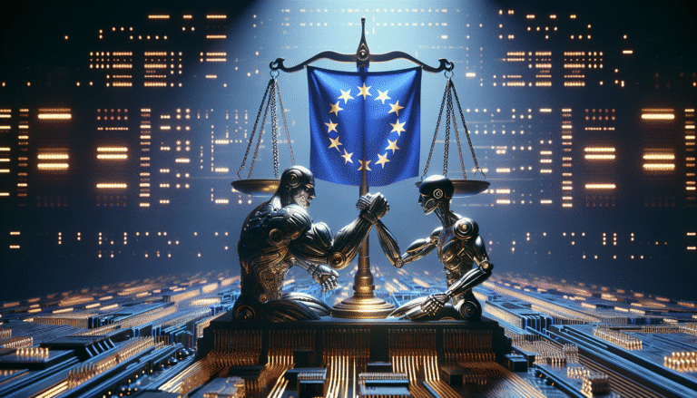 Un bras de fer conceptuel entre un robot futuriste représentant Meta et une balance de justice stylisée avec le drapeau de l'UE, sur fond de circuits imprimés lumineux, atmosphère tendue mais éclairée.