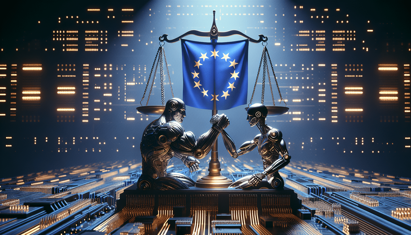 Un bras de fer conceptuel entre un robot futuriste représentant Meta et une balance de justice stylisée avec le drapeau de l'UE, sur fond de circuits imprimés lumineux, atmosphère tendue mais éclairée.
