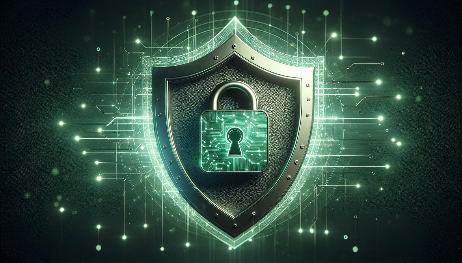 A stylized digital shield with a robust padlock icon, glowing with a secure green light, overlaying a background of abstract, interconnected data points and code lines. The imagery conveys a sense of strong, modern cybersecurity and data protection, with a futuristic and reassuring feel.