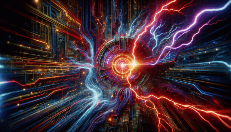 Une image futuriste et dynamique représentant des lignes de code et des données circulant à travers un réseau cybernétique abstrait. Au centre, un bouclier numérique lumineux symbolisant la défense est partiellement obscurci par une ombre menaçante, avec des éclairs rouges et bleus représentant la dualité de l'IA en attaque et en défense. Style cyber-punk, haute résolution, couleurs néon intenses.