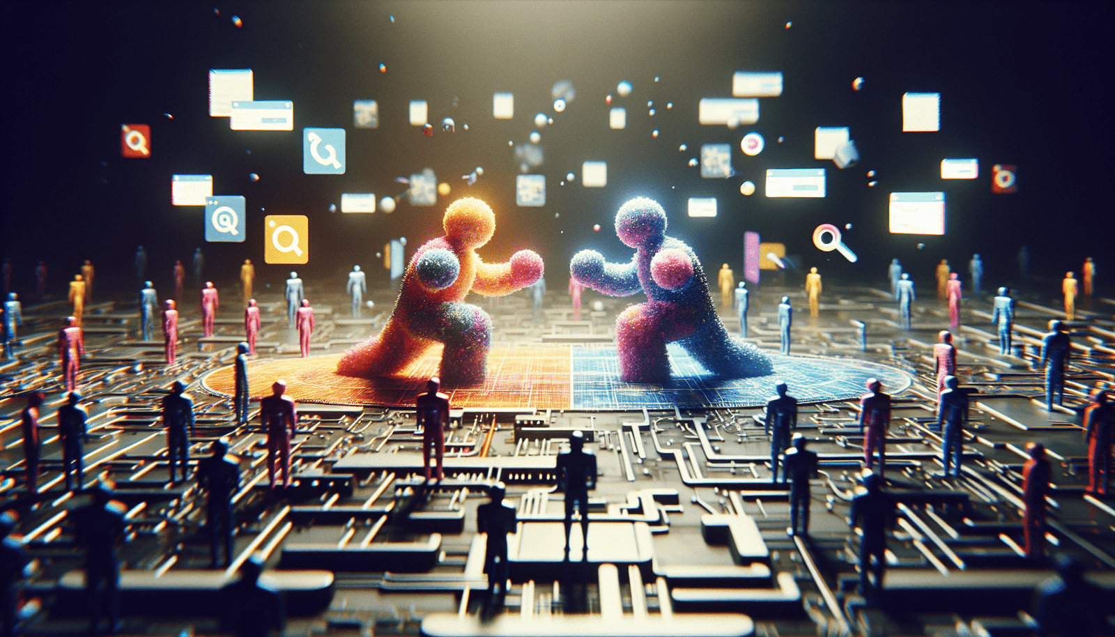 Deux géants de la technologie stylisés, l'un représentant Google (couleurs vives, formes rondes) et l'autre OpenAI/ChatGPT (design élégant, futuriste), se faisant face sur un champ de bataille numérique symbolisé par des circuits et des données. Des icônes d'IA, de navigateurs et de recherche flottent autour d'eux, illustrant une compétition féroce pour le contrôle du futur numérique.