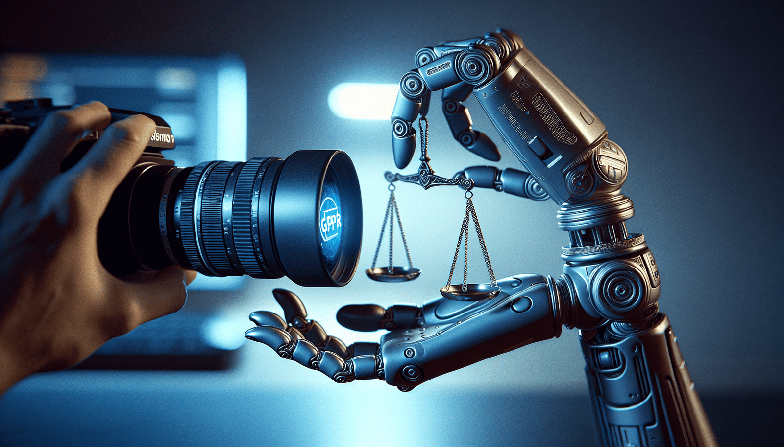 Une main robotique et une balance de justice symbolisant l'équilibre entre l'innovation technologique de l'IA et la conformité juridique du RGPD. Lumière d'ambiance bleutée et futuriste.