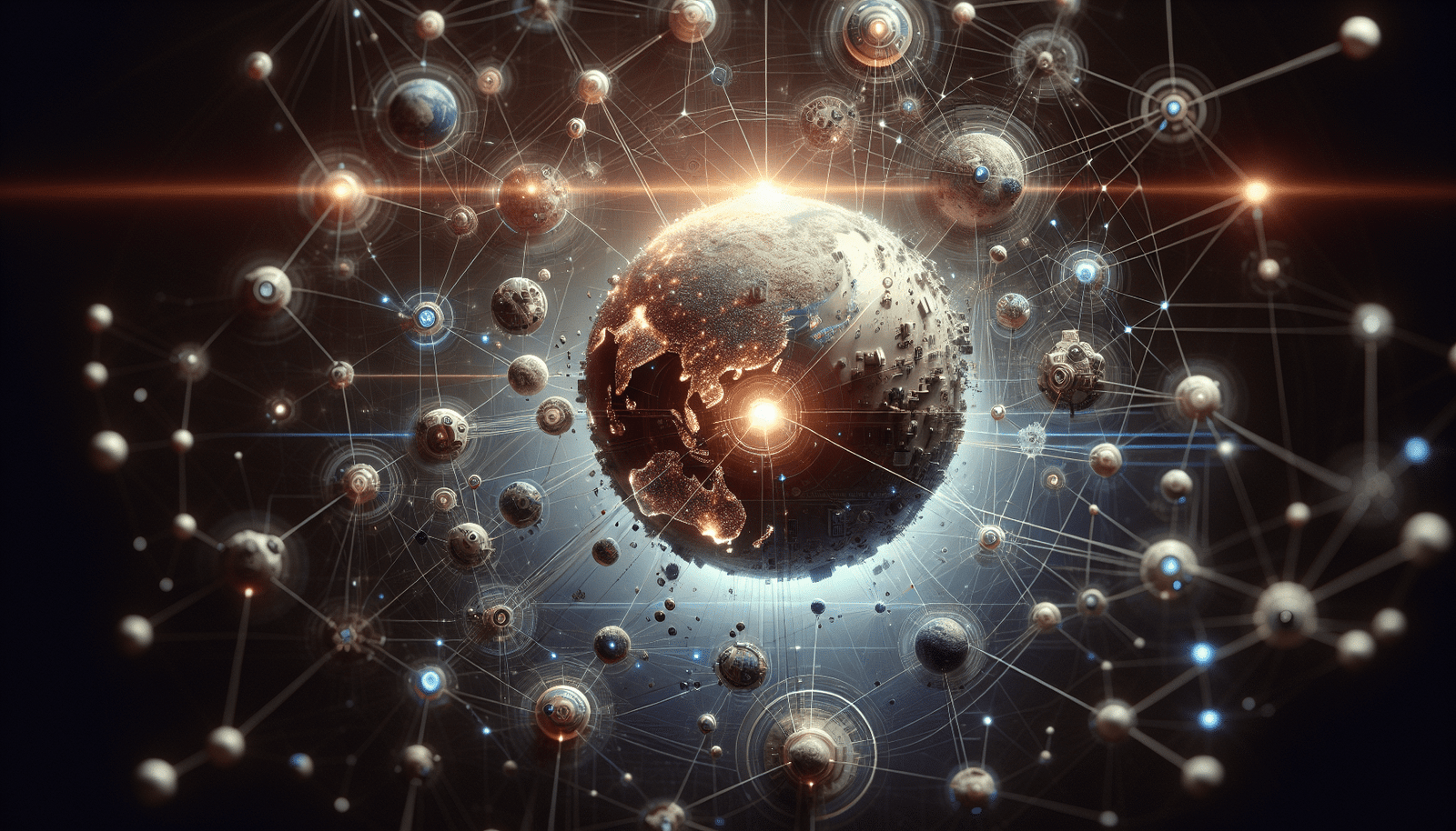 A vibrant, abstract digital illustration showing interconnected nodes representing major tech companies (Amazon, Google/Alphabet) supporting a central, glowing orb representing Anthropic. The lines connecting them signify financial investment and strategic partnerships, set against a backdrop of a global network. Emphasize light, connection, and futuristic synergy.