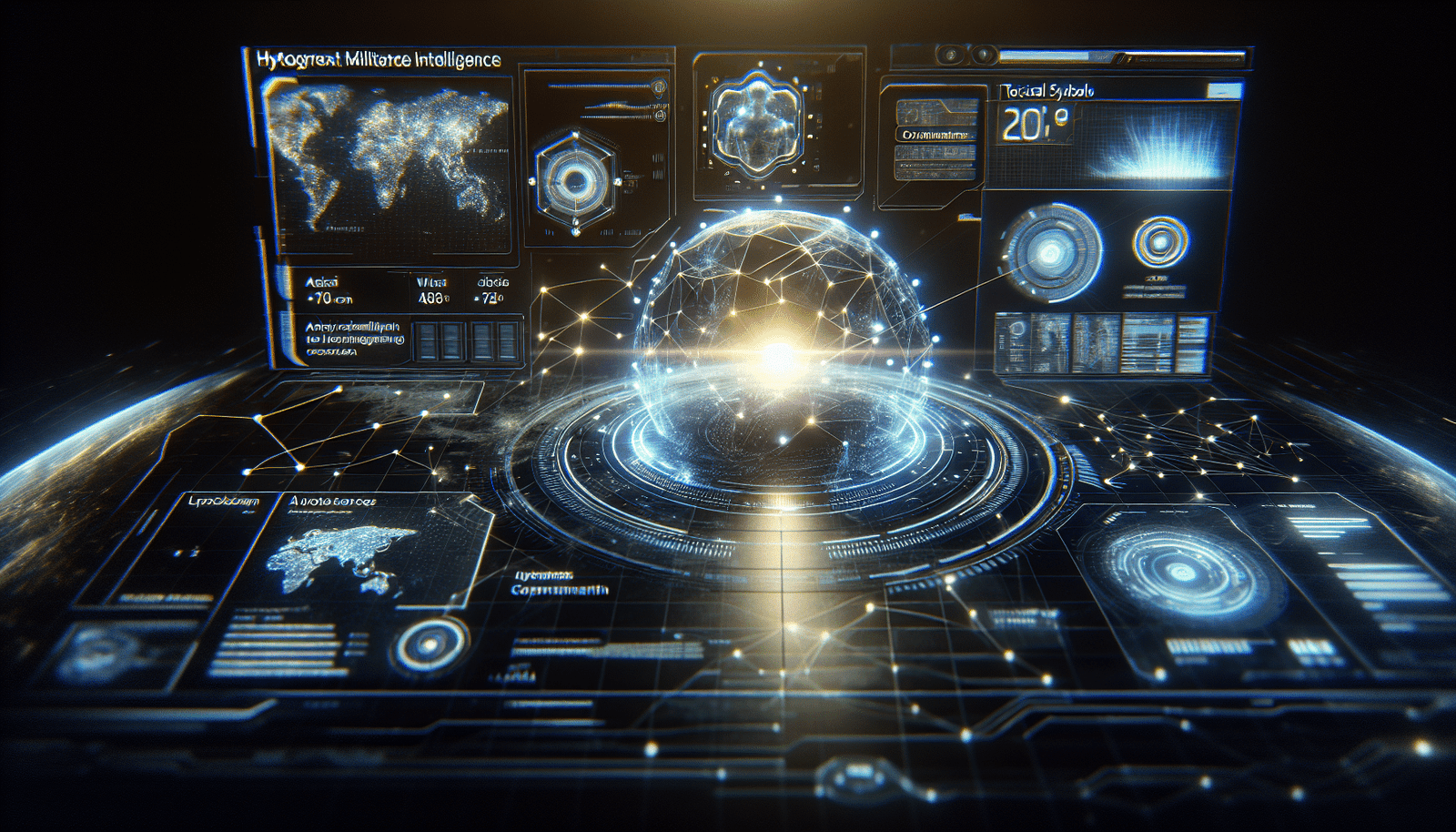 Une interface utilisateur futuriste et holographique affichant des données complexes de renseignement militaire (cartes, flux de données, symboles tactiques) avec des éléments d'IA visuellement représentés comme des neurones lumineux se connectant. Palette de couleurs sombre et technologie avancée.