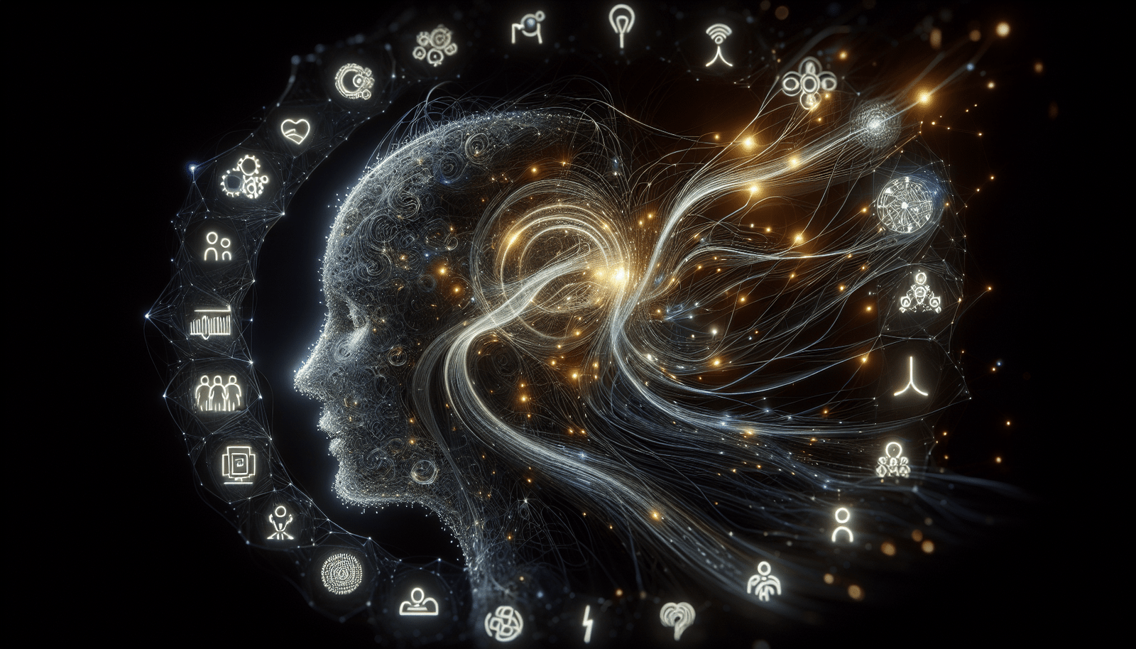 Des filaments lumineux représentant des données se connectant et formant un profil humain abstrait, entouré d'icônes symbolisant la pensée, l'émotion et la croissance, illustrant la personnalisation des soins de santé mentale par l'IA.