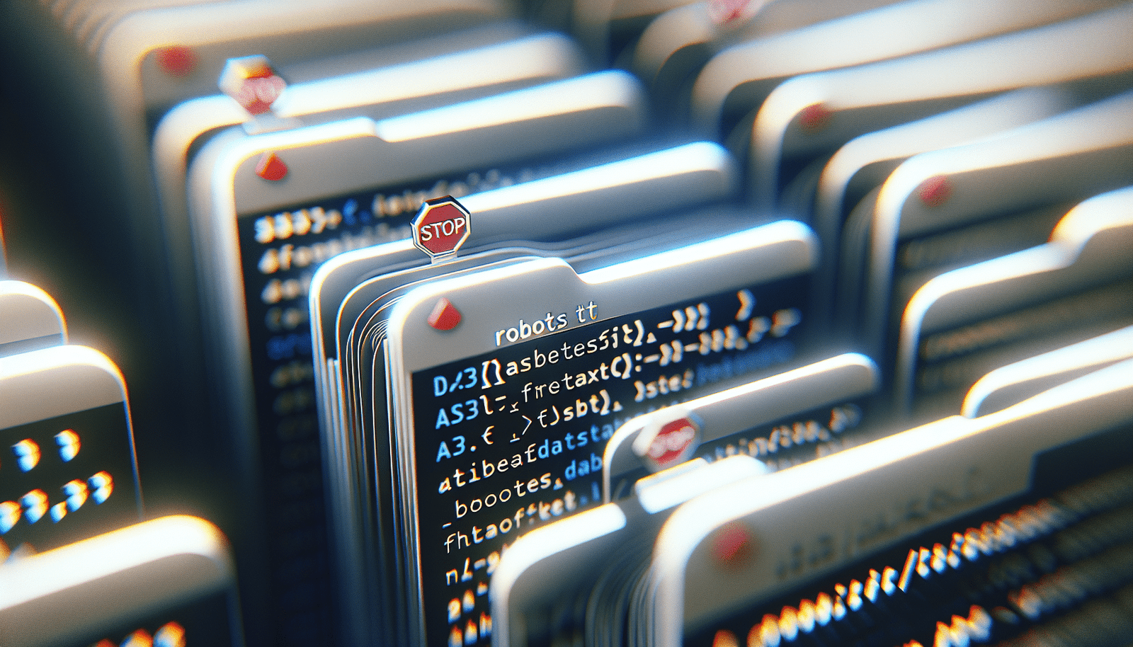 A digital representation of a website's folder structure with a file named 'robots.txt' prominently displayed, a small red "STOP" sign icon hovering over it, symbolizing control over AI bots accessing specific directories. Code snippets of robots.txt are subtly visible.