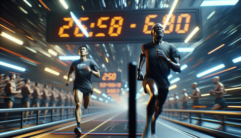 A dynamic, high-angle shot of a male runner, Ishmael Kipkurui or Andreas Almgren, crossing a finish line at a 10km race in a futuristic stadium. The athlete is blurred in motion, showcasing speed and determination. A digital clock in the background shows a record-breaking time like "26:50". Emphasize energy, triumph, and advanced race technology. Style: hyperrealistic, cinematic, vibrant colors, shallow depth of field.