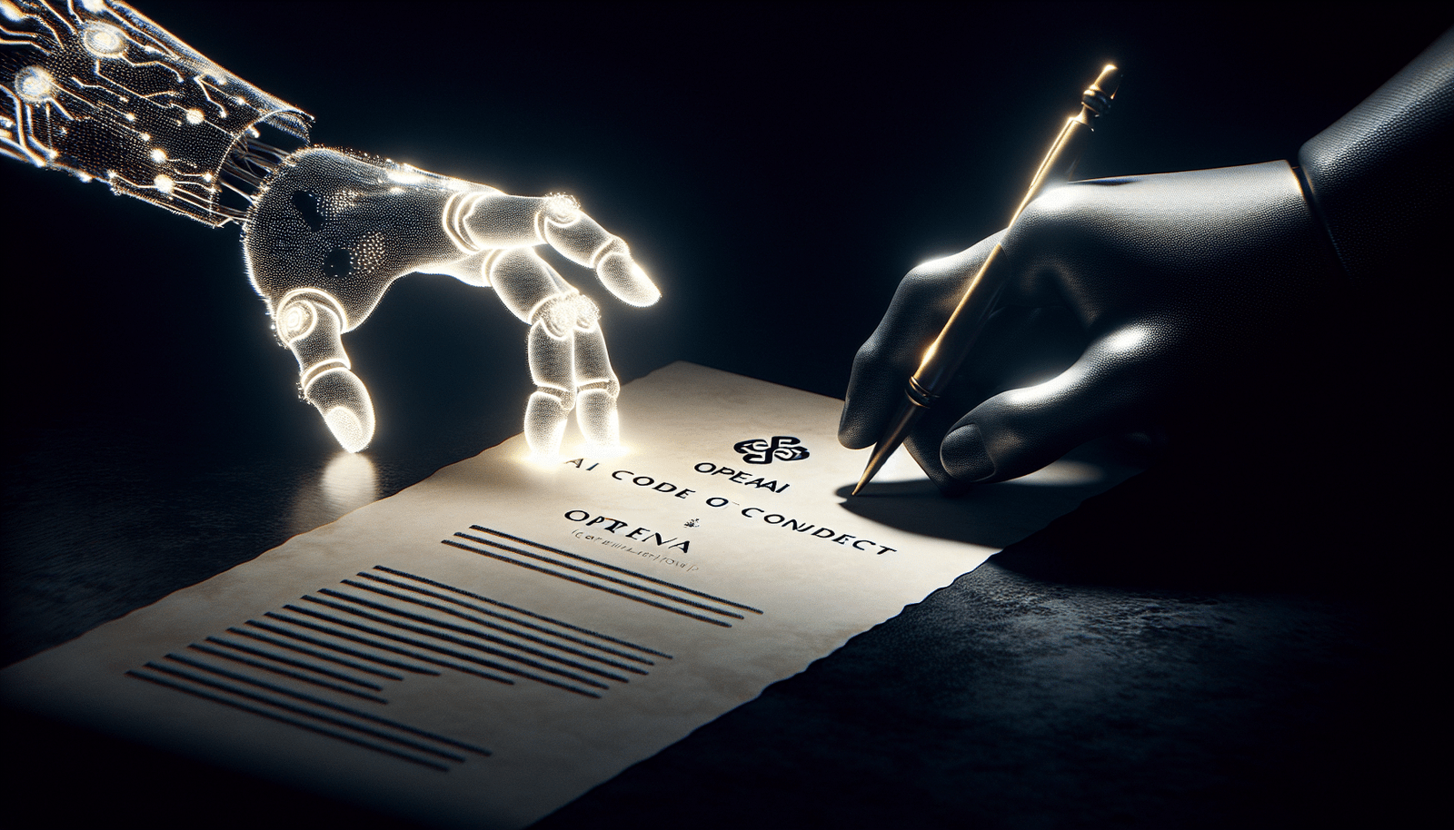 A stark visual contrast: on one side, a digital hand signing a glowing scroll (representing EU AI Code of Conduct), with logos of OpenAI and Microsoft faintly visible. On the other side, a shadowy silhouette of a hand pulling back, with the Meta logo in the background, implying a diverging path on regulation. Atmospheric, thought-provoking.