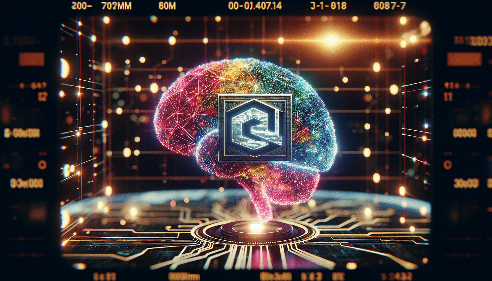 A vibrant, futuristic image of a digital brain composed of interconnected lines and nodes, with the Meta logo subtly integrated. The background should suggest open source collaboration, like glowing network connections spreading globally. Focus on innovation and accessibility, digital light trails representing data flow.