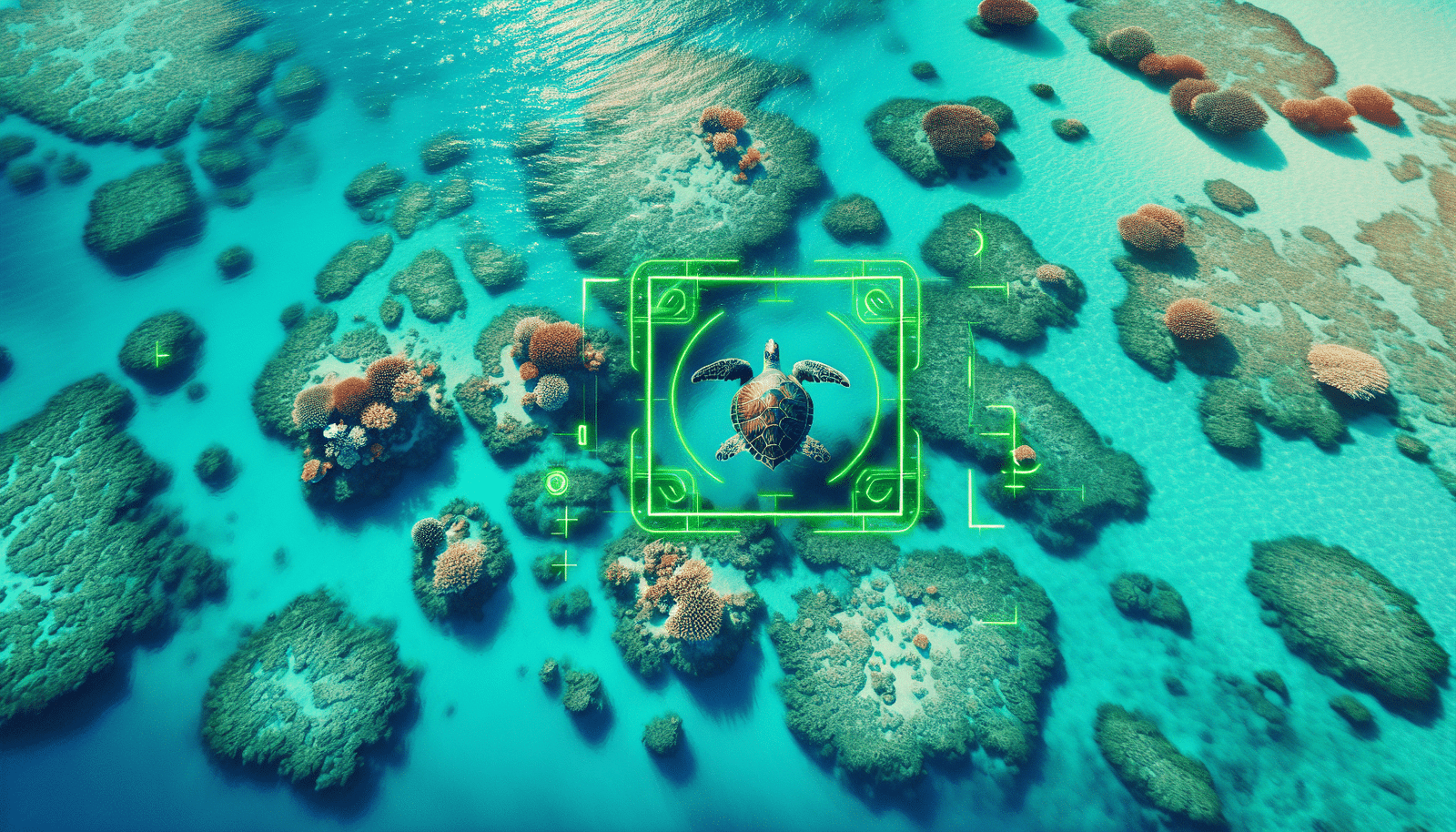 Un drone de surveillance high-tech survole une barrière de corail immaculée vue d'en haut. Sur la surface de l'eau, des formes de tortues marines et d'autres grandes créatures marines sont mises en évidence par des halos numériques verts ou des boîtes de détection, simulant l'analyse visuelle par IA. Couleurs tropicales vives, mer turquoise.