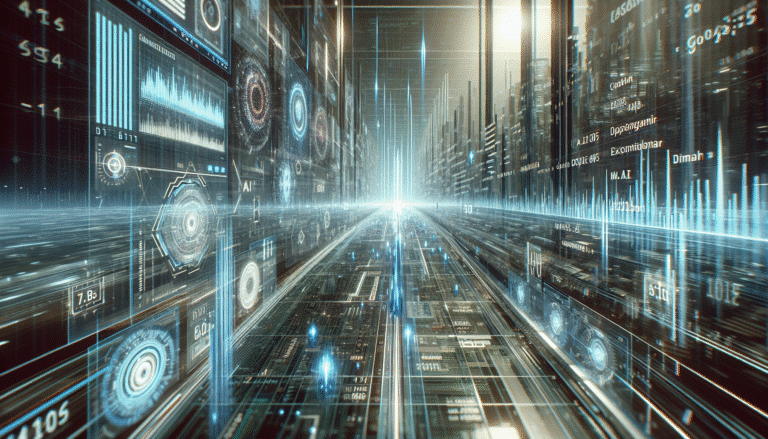 Une interface futuriste de ChatGPT avec des chiffres en augmentation rapide et des graphiques montrant une croissance exponentielle, le tout dans un style lumineux et dynamique, avec des éléments de code AI en arrière-plan et un horizon de données en arrière-plan.