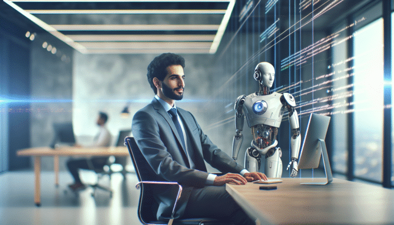 Une image futuriste représentant un humain et un robot (Devin) travaillant côte à côte dans un environnement de bureau élégant, avec des lignes de code flottant en arrière-plan, symbolisant la collaboration et l'innovation dans la finance. Lumière douce et ambiance technologique avancée.