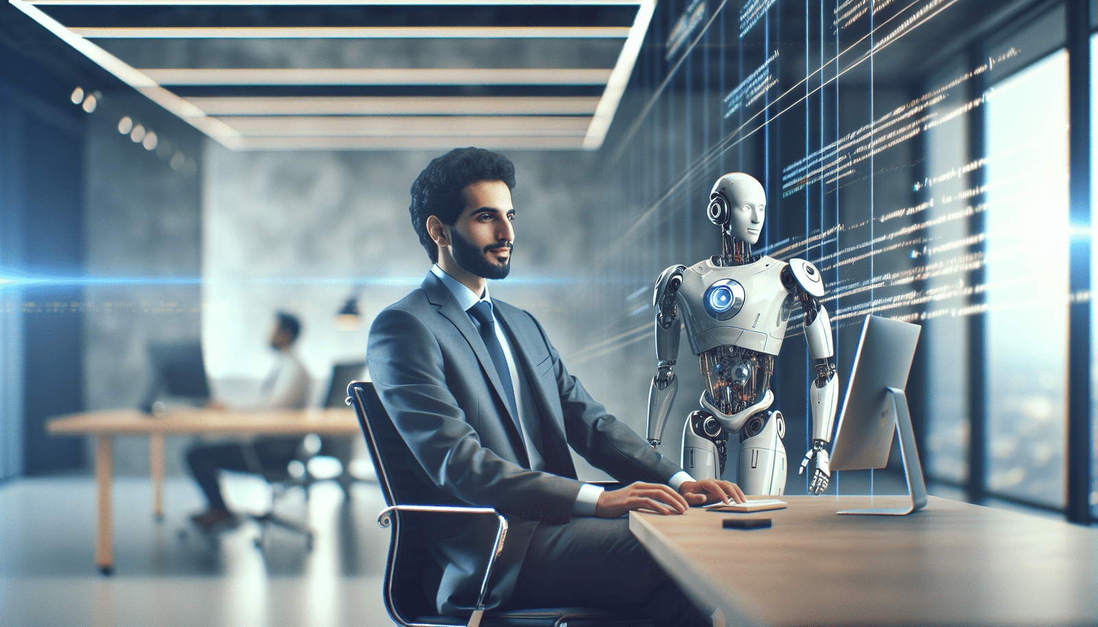 Une image futuriste représentant un humain et un robot (Devin) travaillant côte à côte dans un environnement de bureau élégant, avec des lignes de code flottant en arrière-plan, symbolisant la collaboration et l'innovation dans la finance. Lumière douce et ambiance technologique avancée.