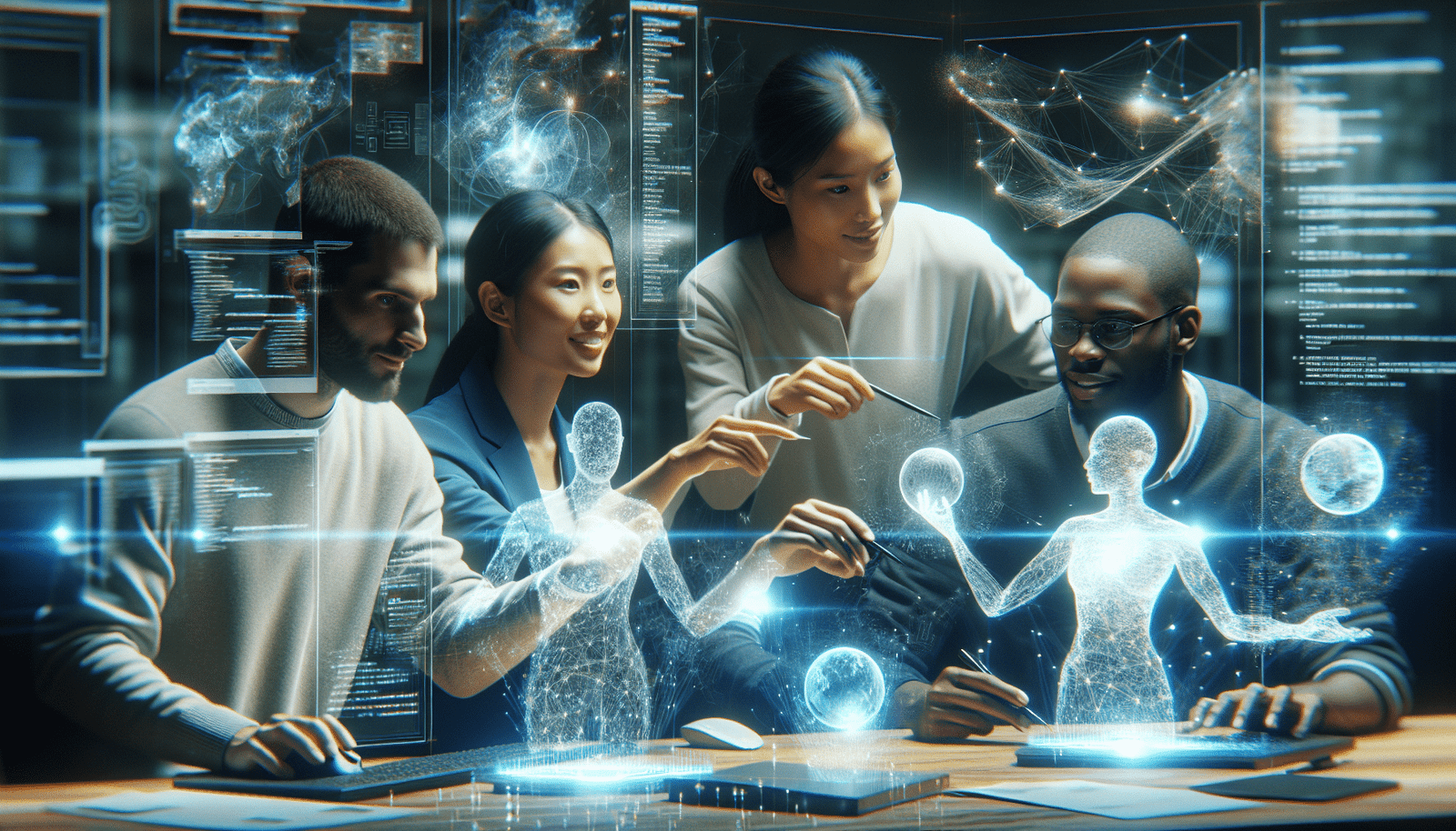 A futuristic open-source community, diverse developers from around the world collaboratively coding and interacting with holographic projections of AI models. The scene should emphasize global collaboration, innovation, and knowledge sharing. Warm, inviting lighting with a subtle glow from the digital interfaces. In the background, abstract representations of data flows and interconnected networks.