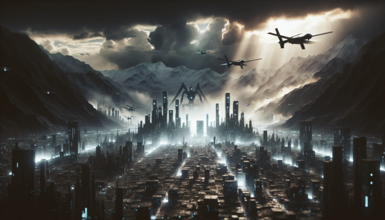 A stark, futuristic cityscape under a dark, stormy sky, where towering, autonomous military drones patrol, their lights casting an eerie glow on deserted streets. Focus on the cold, efficient power of AI in warfare, with subtle hints of human absence. Cinematic, high contrast, dystopian atmosphere.