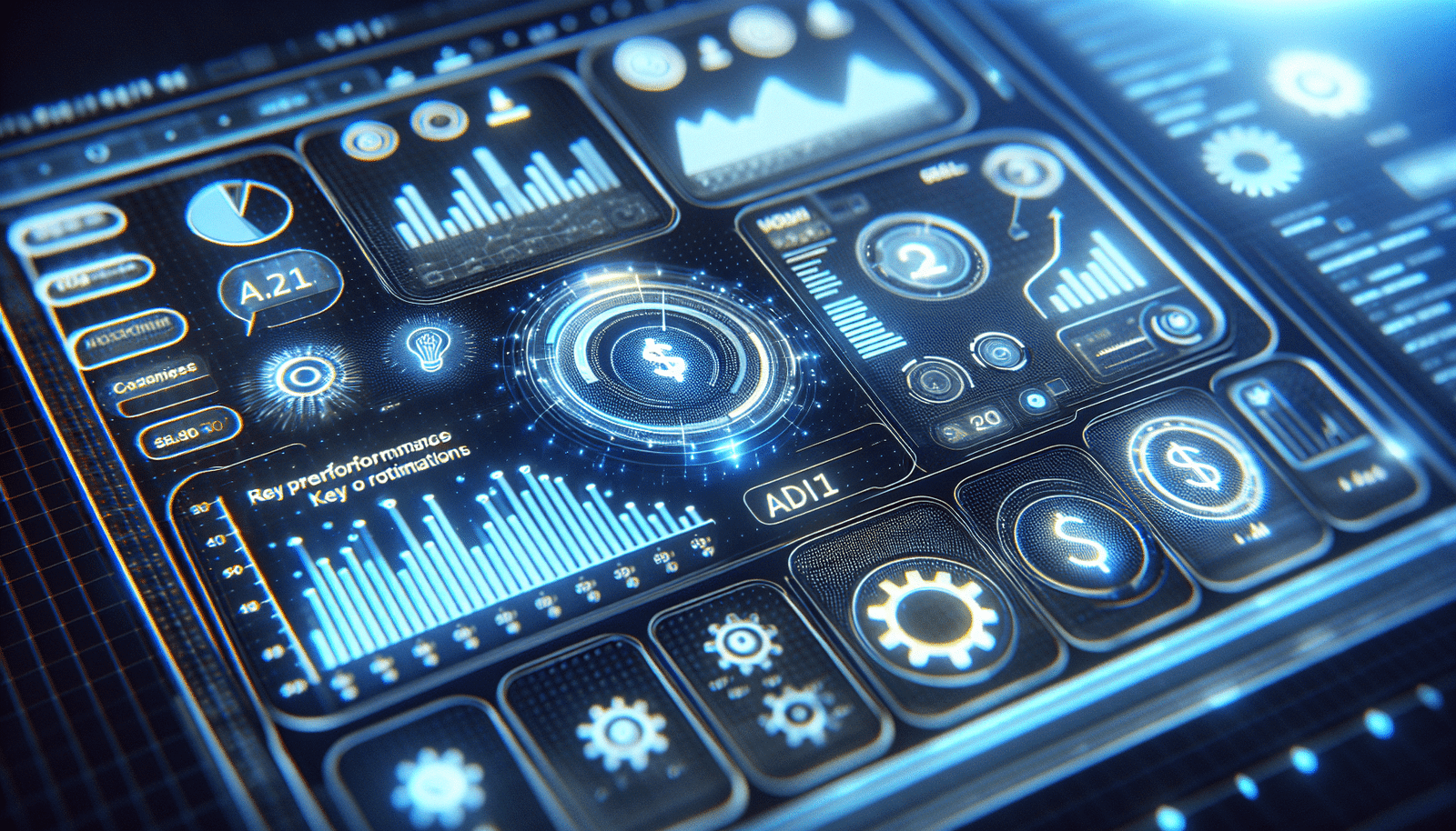 Une interface utilisateur d'un logiciel d'IA montrant des indicateurs de performance clés (KPI) en temps réel avec des graphiques ascendants, des symboles de dollars et des icônes d'engrenages pour l'optimisation. L'écran est propre, moderne, avec des données lisibles et des bulles d'aide contextuelles. L'image inspire l'efficacité et la clarté grâce à l'IA. Ambiance tech, lumière bleue douce.